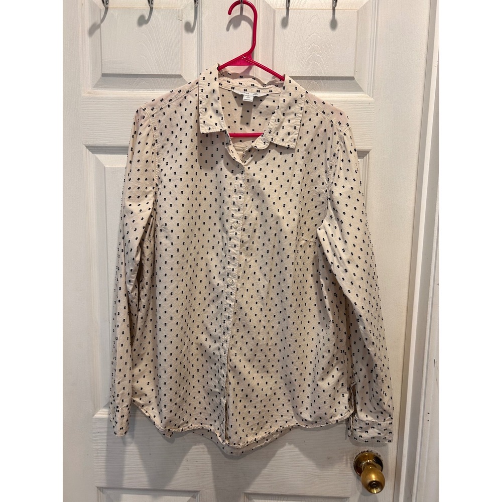 Old Navy The Classic Shirt Womens XL Tall Cream Black Swiss Dot Button Up Cotton